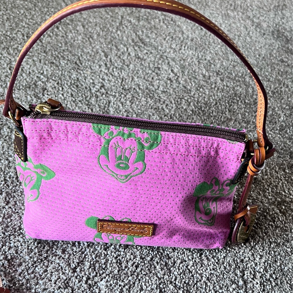 Disney Dooney & Bourke Minnie Mouse Pink Green Faces Canvas Pouchette Bag